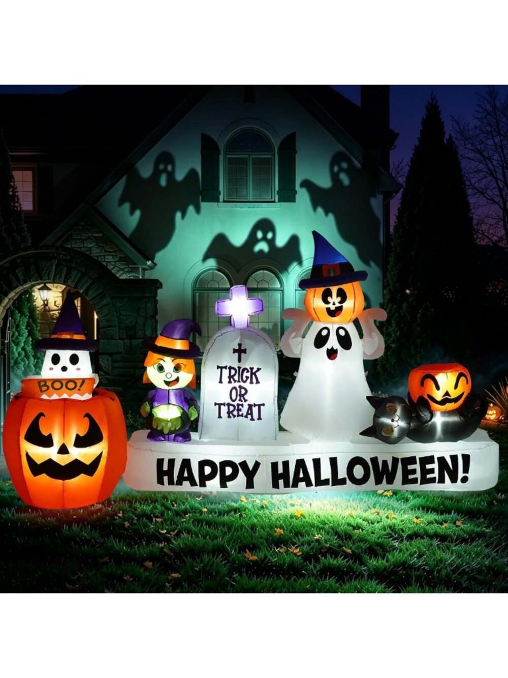 9 FT Halloween Inflatable Ghost, Pumpkin, Witch, Tombstone & Cat Decorations